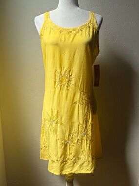 Raya Sun Yellow Embroidered Palm Tree Dress Back Drawstring Size L NWT